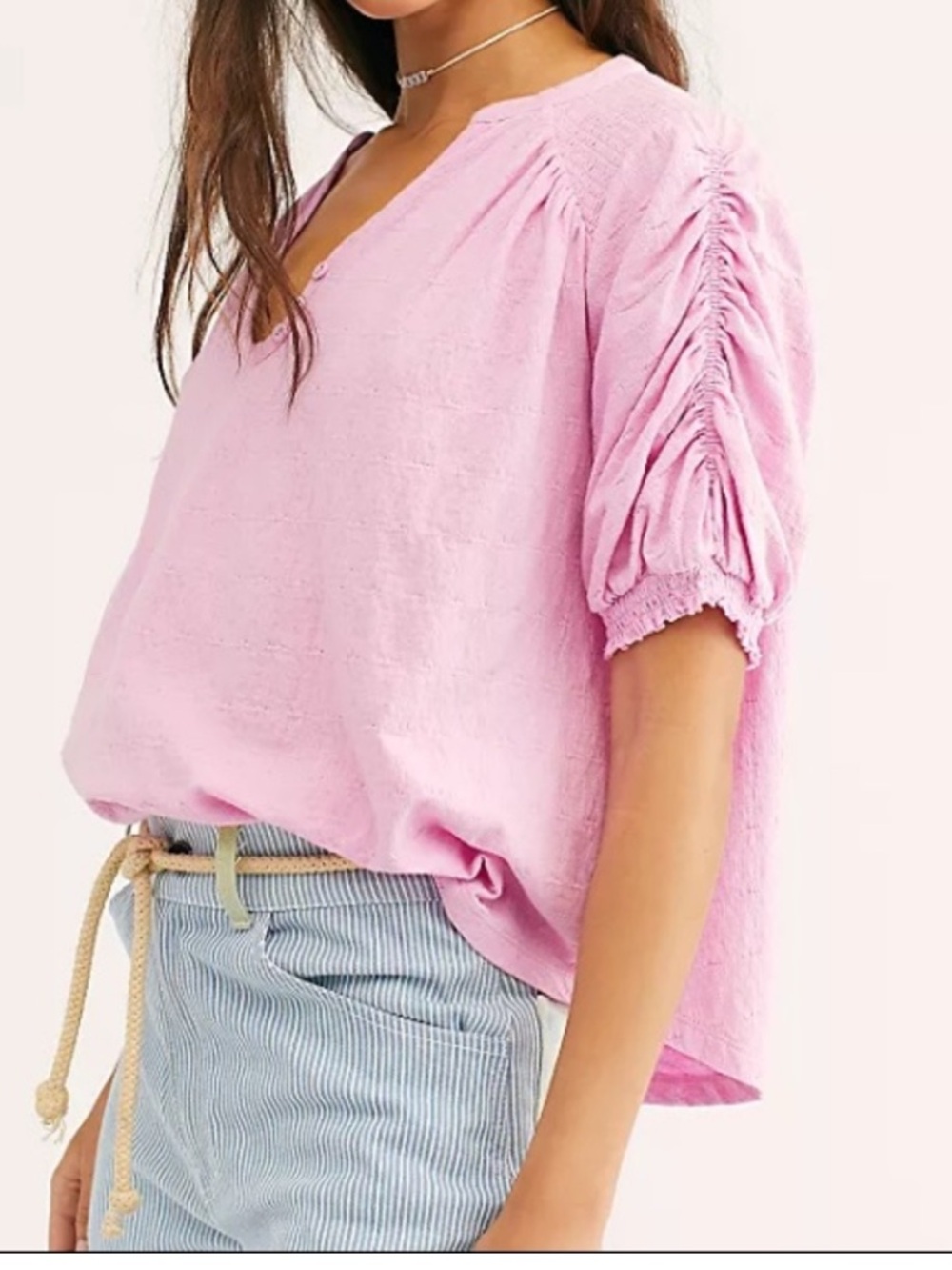 Free People Fever Dream Pink Oversized V-Neck Puff Sleeve V-Neck Tee
